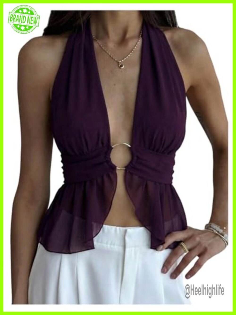 Sheer Mesh Halter Crop Top Sleeveless Open Back Ruffle Hem